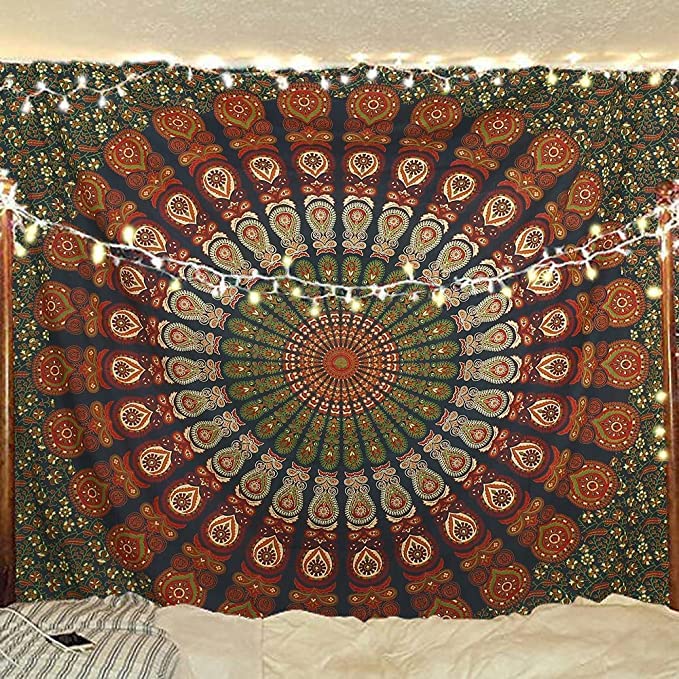 Bless International Handmade Indian hippie Bohemian Psychedelic Peacock Mandala Wall hanging College Dorm Beach Throws Table Cloth Bedding Tapestry (Golden Green, King(88x104Inches)(225x265Cms)) - Image 1